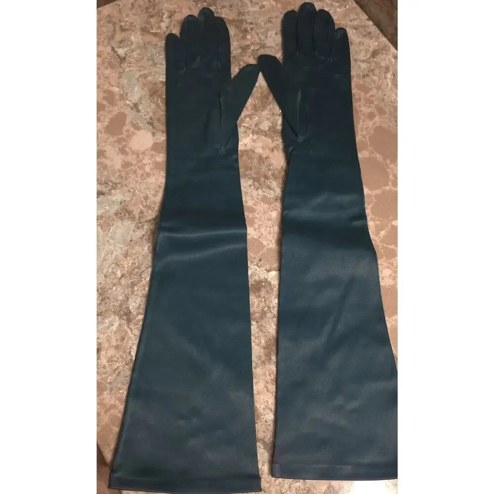 Vintage Mid Century Ladies Green Elbow Length Nylon Gloves One Size Medium